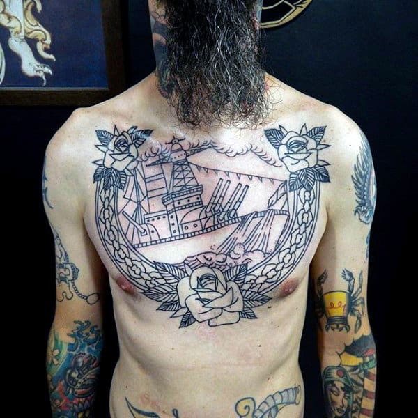 Upper Chest Guys Rose Flower Navy Tattoos