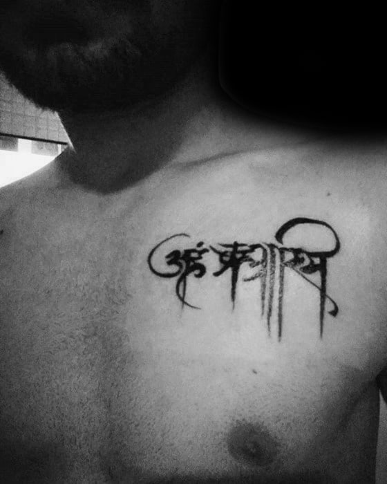 Upper Chest Guys Tattoos With Sanskrit Design