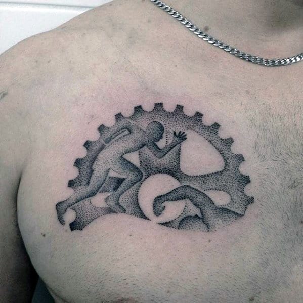 Triathlon tattoo with a gear design, incorporating a swimmer, cyclist, and runner, created in dotwork style to symbolize endurance and movement.