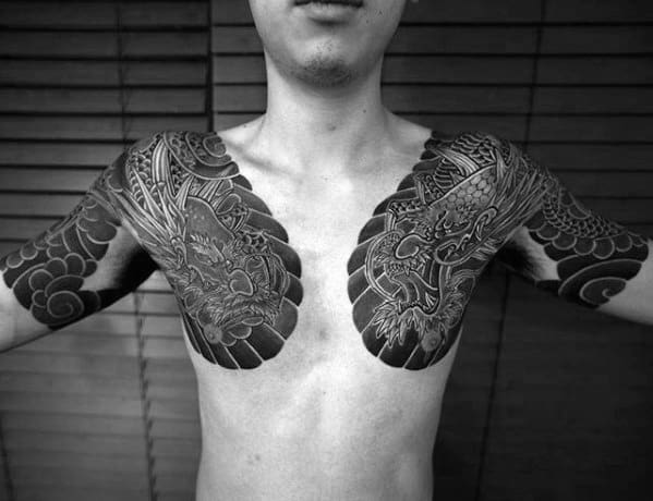 Upper Chest Japanese Dragon Cool Mens Tattoo Design Ideas