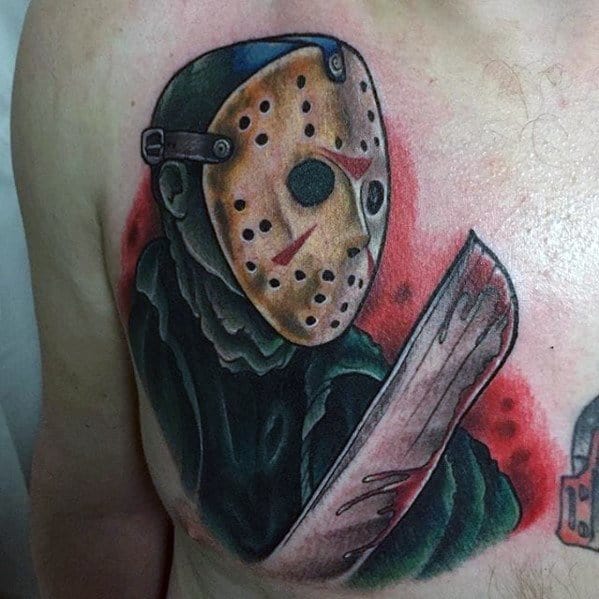 Upper Chest Jason Mask Tattoo On Men