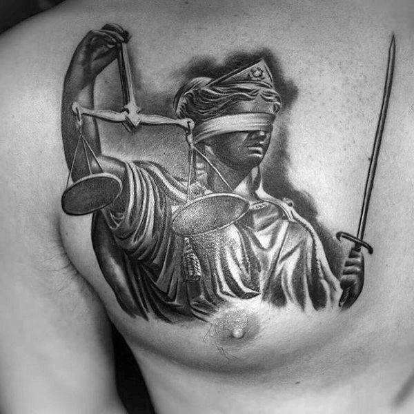 Upper Chest Lady Justice Male Tattoos