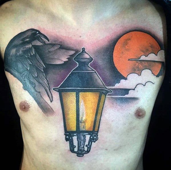 Upper Chest Lantern Tattoos Male