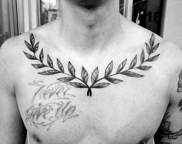 Upper Chest Laurel Wreath Tattoo Designs For Guys