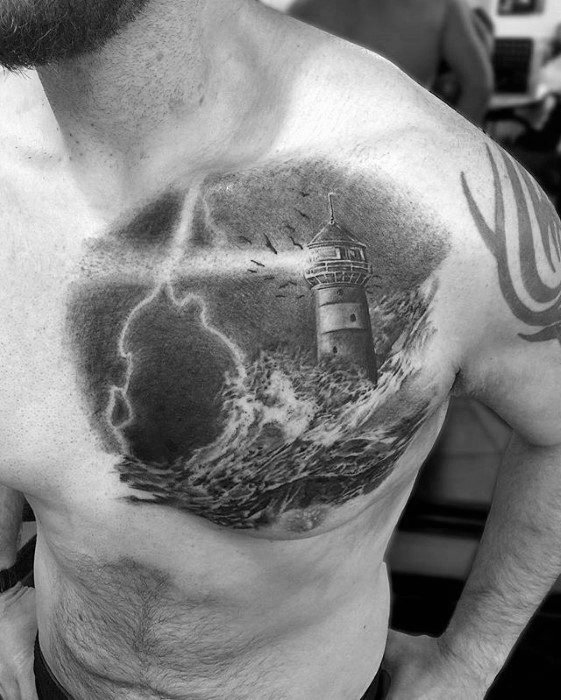 Upper Chest Lighthouse With Ocean Waves Mens Thunderstorm Tattoo Design Ideas