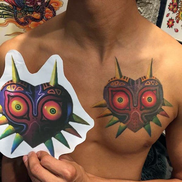 Upper Chest Majoras Mask Tattoos Men