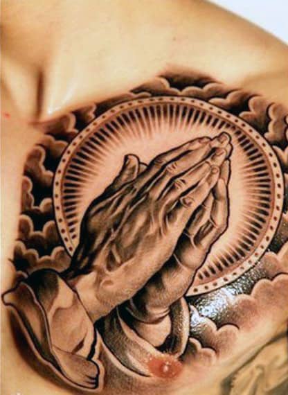 Upper Chest Male Praying Hands Tattoo With Clouds