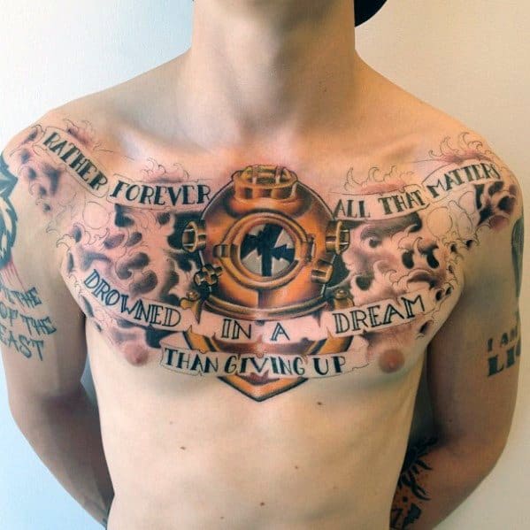 Upper Chest Male Quote With Diving Helmet Tattoo Designs