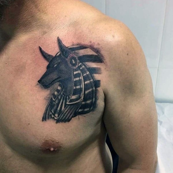 Upper Chest Male With Tattoo Of Anubis God