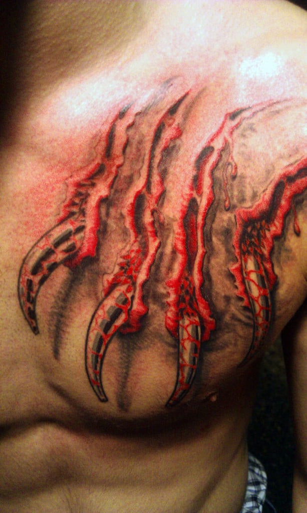 Upper Chest Mens Blood 3d Bear Claw Tattoo Design