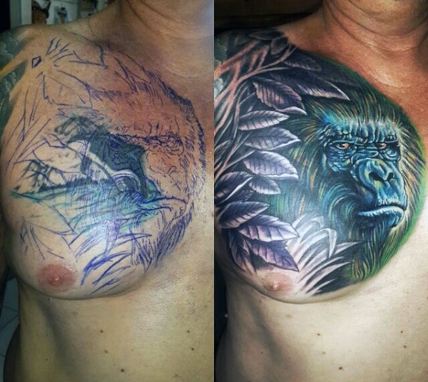 Upper Chest Mens Gorilla And Leaves Tattoo