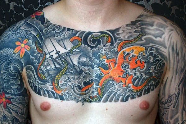 Upper Chest Mens Japanese Octopus With Sailing Ship Tattoo