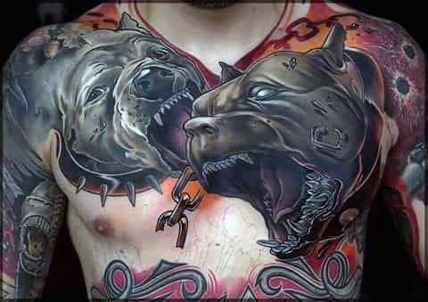 Upper Chest Mens Pitbull Tattoo Ideas