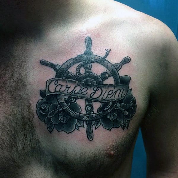 Upper Chest Mens Ship Wheel With Flowers Carpe Diem Tattoo Designs