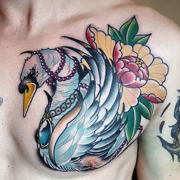 Colorful chest tattoo of a stylized swan adorned with pearls and vibrant feathers, paired with a bold peony in a neo-traditional style.
