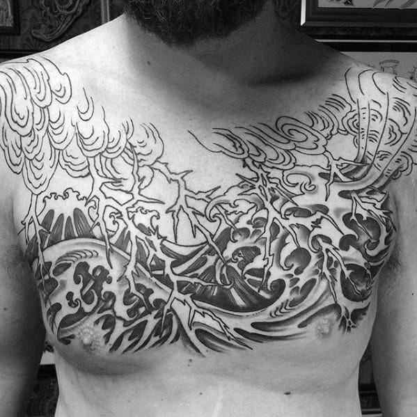 Upper Chest Mens Thunderstorm Waves Tattoo Ideas