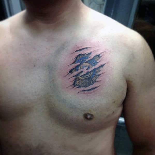 Upper Chest Mens Torn Skin Police Tattoo