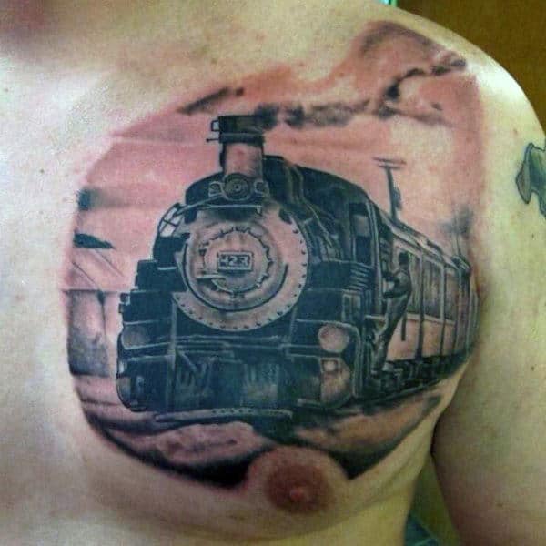 Upper Chest Mens Train Station Tattoos