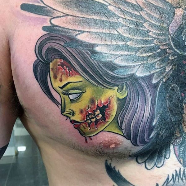 Upper Chest Mens Zombie Female Face Tattoo Design