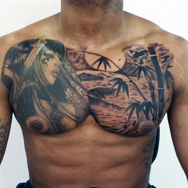 Upper Chest Ocean Bamboo Mens Chest Tattoo Ideas
