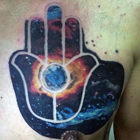 Nebula Tattoo of a Hamsa hand with cosmic swirls, featuring a central blue circle