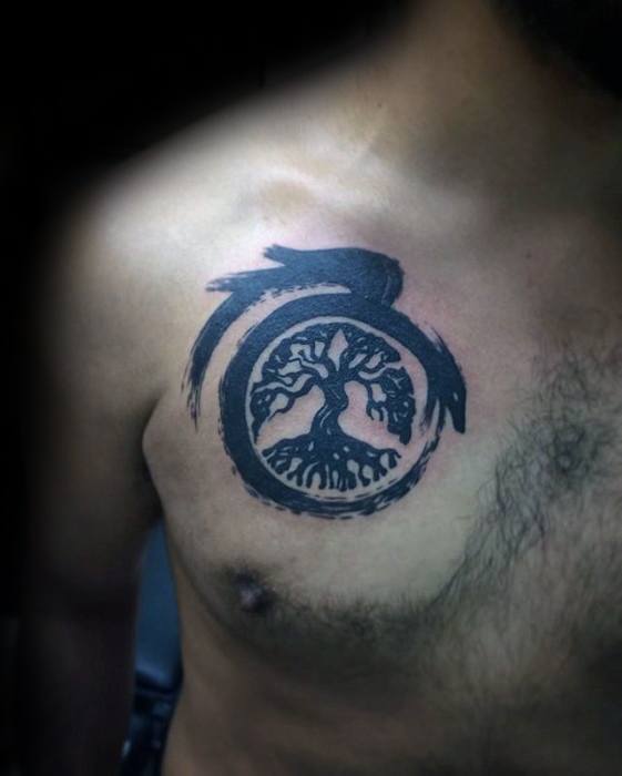 Upper Chest Paint Brus Stroke Tree Of Life Guys Simple Dragon Tattoo Design Ideas