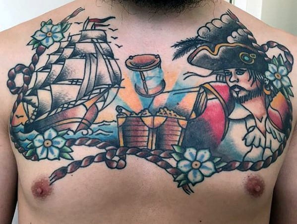 Upper Chest Pirate Themed Mens Treasure Chest Tattoo