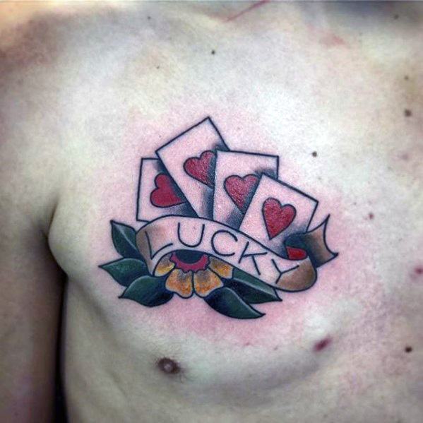 Upper Chest Playing Cards Traditional Guys Good Luck Tattoo Designs
