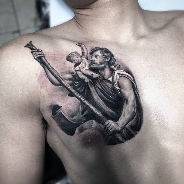 Upper Chest Realistic 3d Male Saint Christopher Tattoo Designs