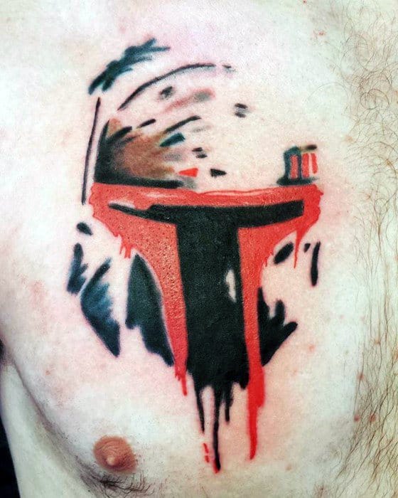 Watercolor-style Mandalorian helmet tattoo with bold red and black brush strokes, creating a splattered effect on the chest.