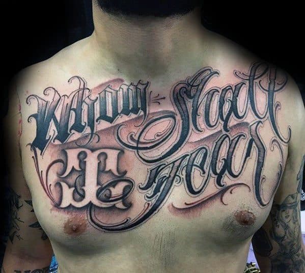 Upper Chest Script Typography Male Tattoos