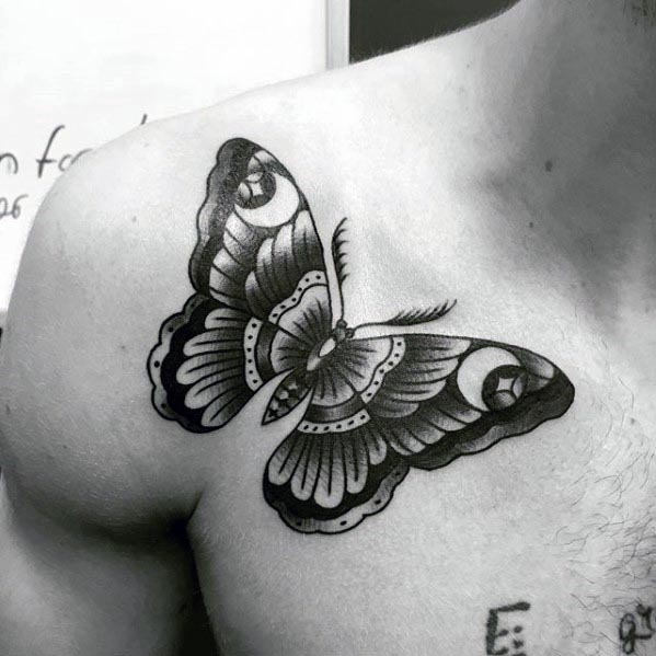 Upper Chest Shaded Traditional Moth Tattoos For Gentlemen