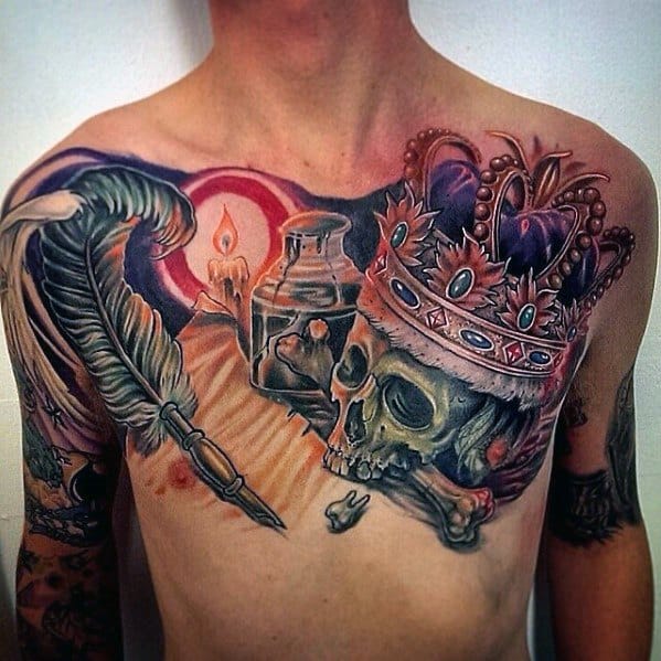 Upper Chest Skull With King Crown And Quill Tattoos Men