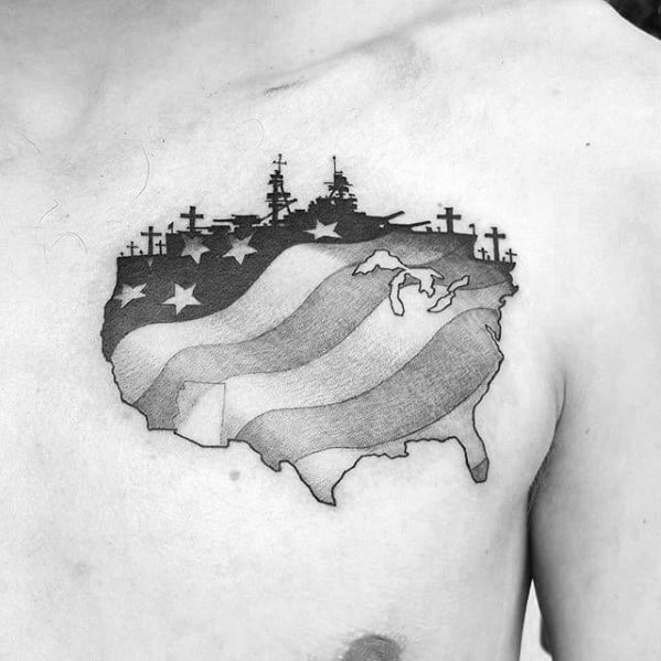 Chest tattoo of the US map featuring a battleship and American flag elements