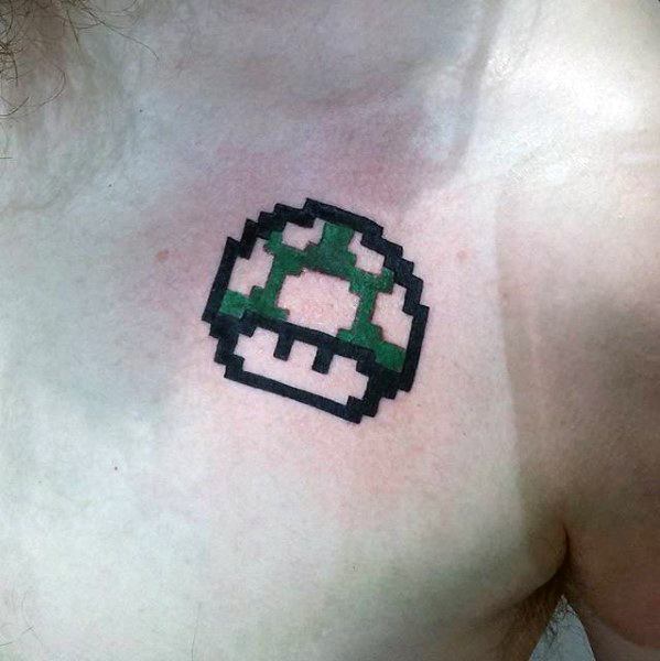 Upper Chest Small Mushroom Super Mario Guys Pixel Tattoo Deisgns