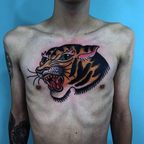 Upper Chest Tiger Head Male Traditional Tattoos