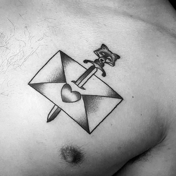 Tattoo of a fox on a sword through an open envelope with a heart, adorning the chest