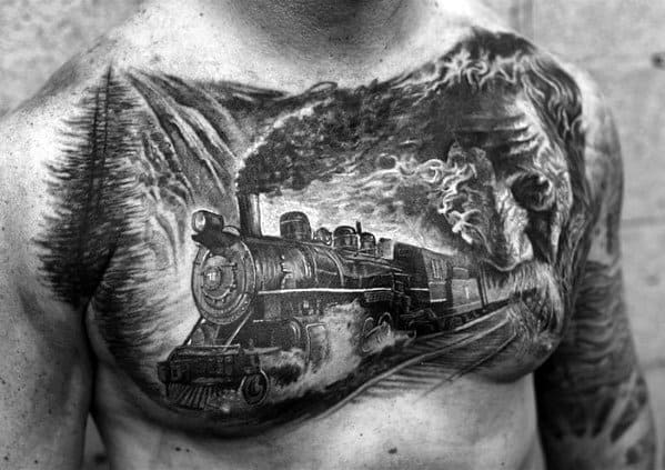 Upper Chest Train Mens Realistic Chest Cool Tattoo Ideas