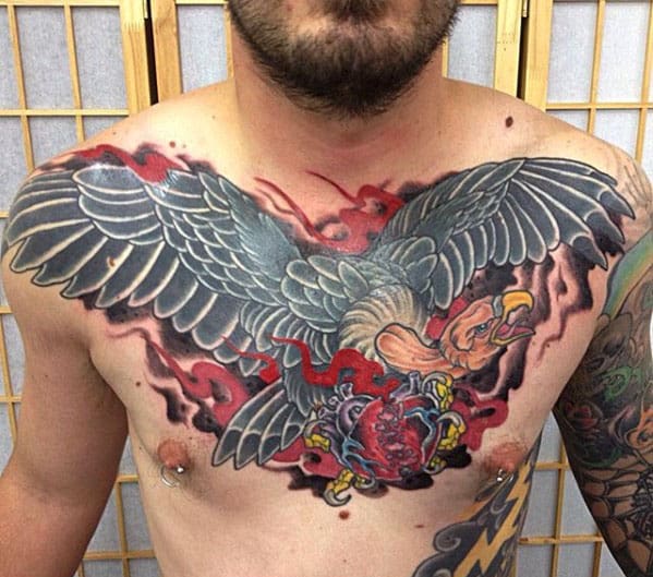Upper Chest Vulture With Heart Old School Traditional Tattoos For Men