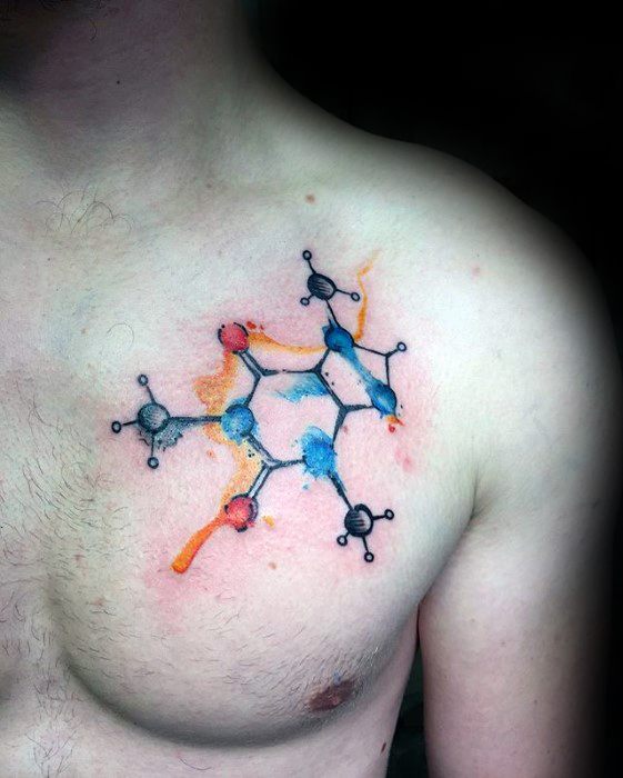 Upper Chest Watercolor Caffine Male Coffee Tattoo Ideas