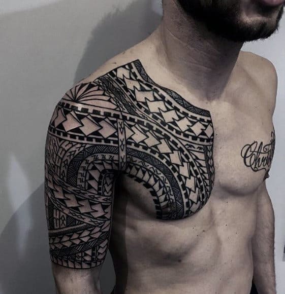 Upper Chest With Half Sleeve Sick Tribal Maori Mens Tattoos