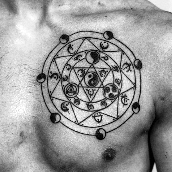 Upper Chest Yin Yang Tattoos For Men In Black Ink