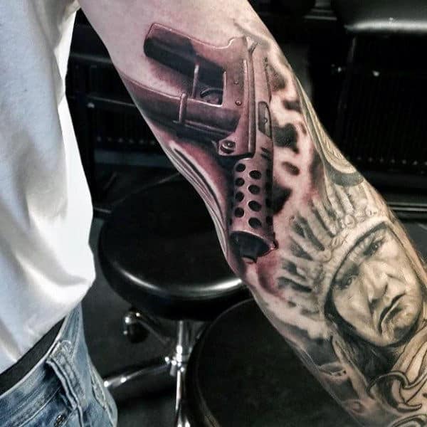 Upper Forearm Uzi Guns Tattoo Deigns Men