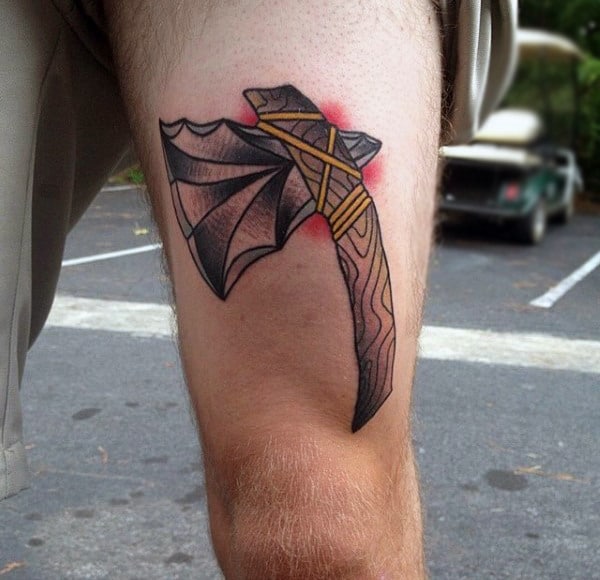 Upper Leg Thigh Tomahawk Tattoo For Men With Old School Traditional Design