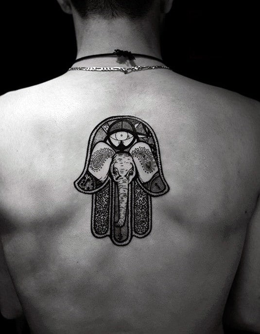Upper Middle Of Back Guys Shaded Hamsa Hand Tattoo