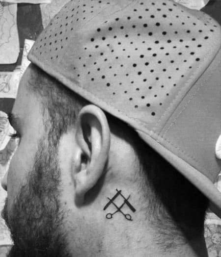 Upper Neck Behind The Ear Scissor Tattoo On Gentleman