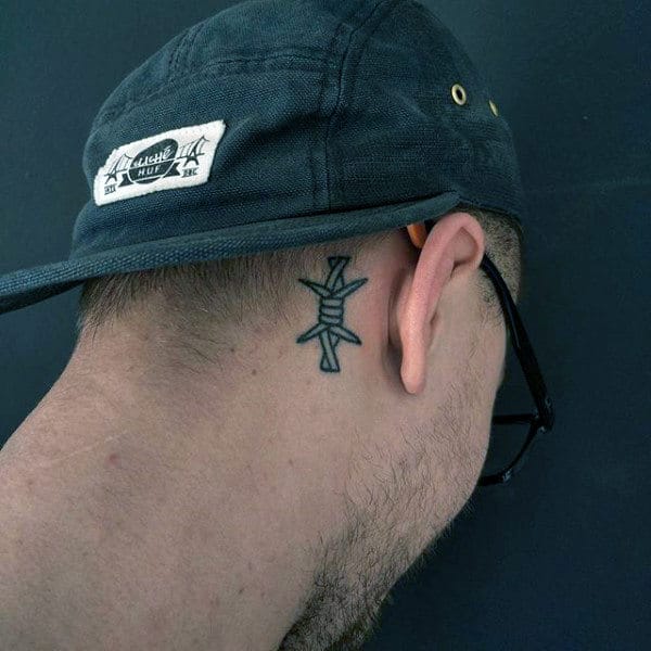 Upper Neck Head Male Tattoos Of Barbed Wire