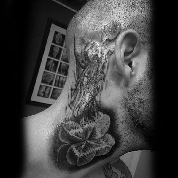 Upper Neck Smoking Four Leaf Clover Tattoo For Guys