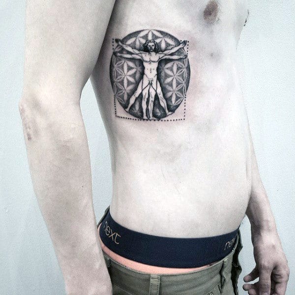 Upper Rib Cage Side Male Flower Of Life Patter Vitruvian Man Tattoo Designs