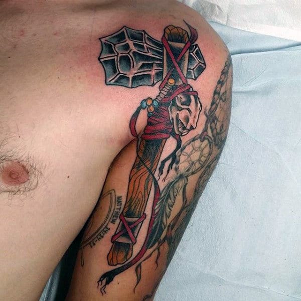 Upper Shoulder And Arm Mens American Indian Tattoo Of Tomahawk
